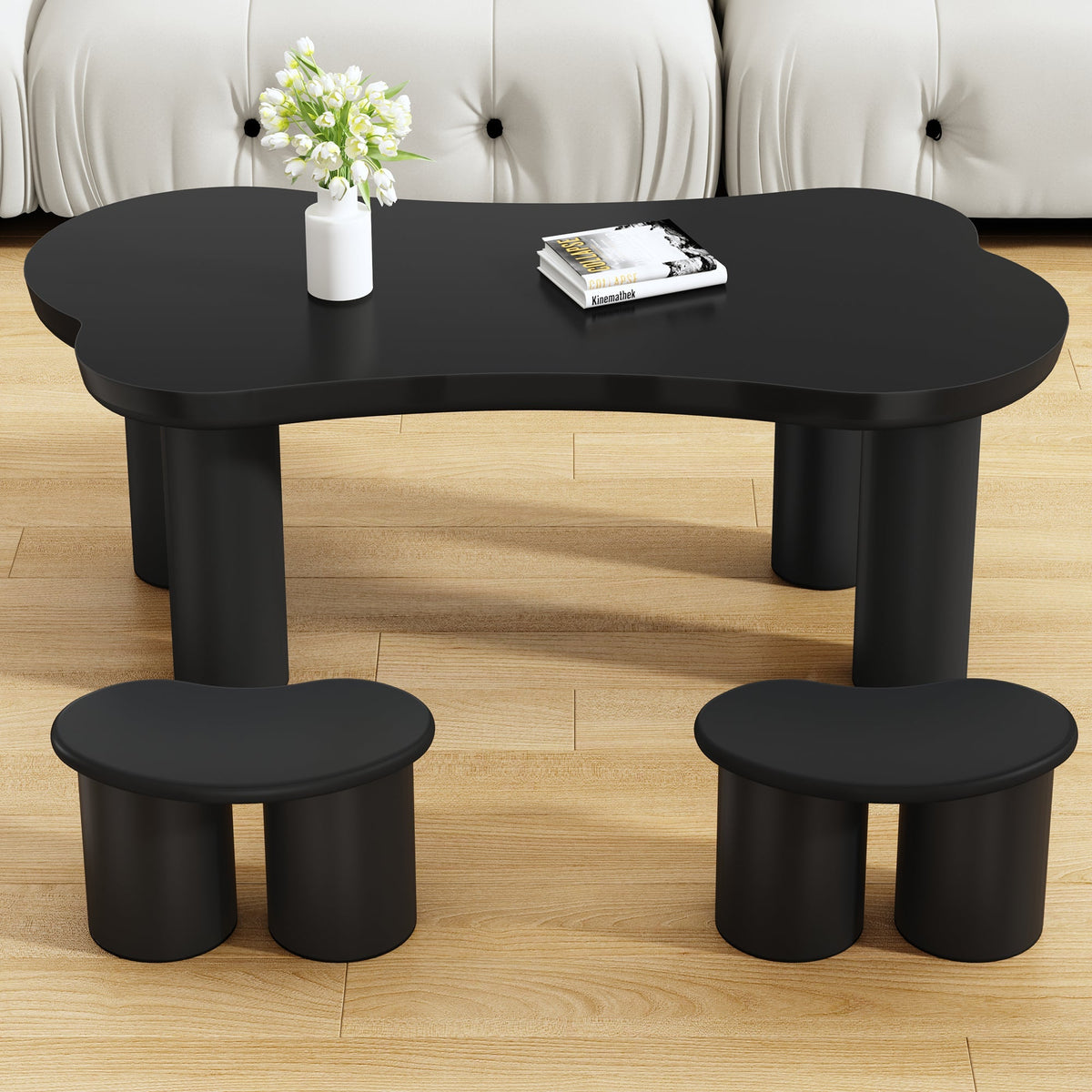 Irregular Bench Coffee Table, 2 Small Stools 16x42x24.5cm, Black