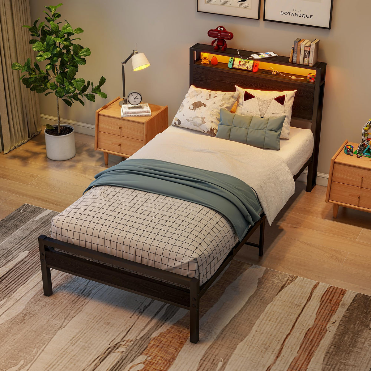 Storage Bed 90x200cm with USB & LED Lighting, Metal Frame