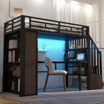 Loft Bed 90x200 cm with Desk, Storage & LED, Black Iron Frame