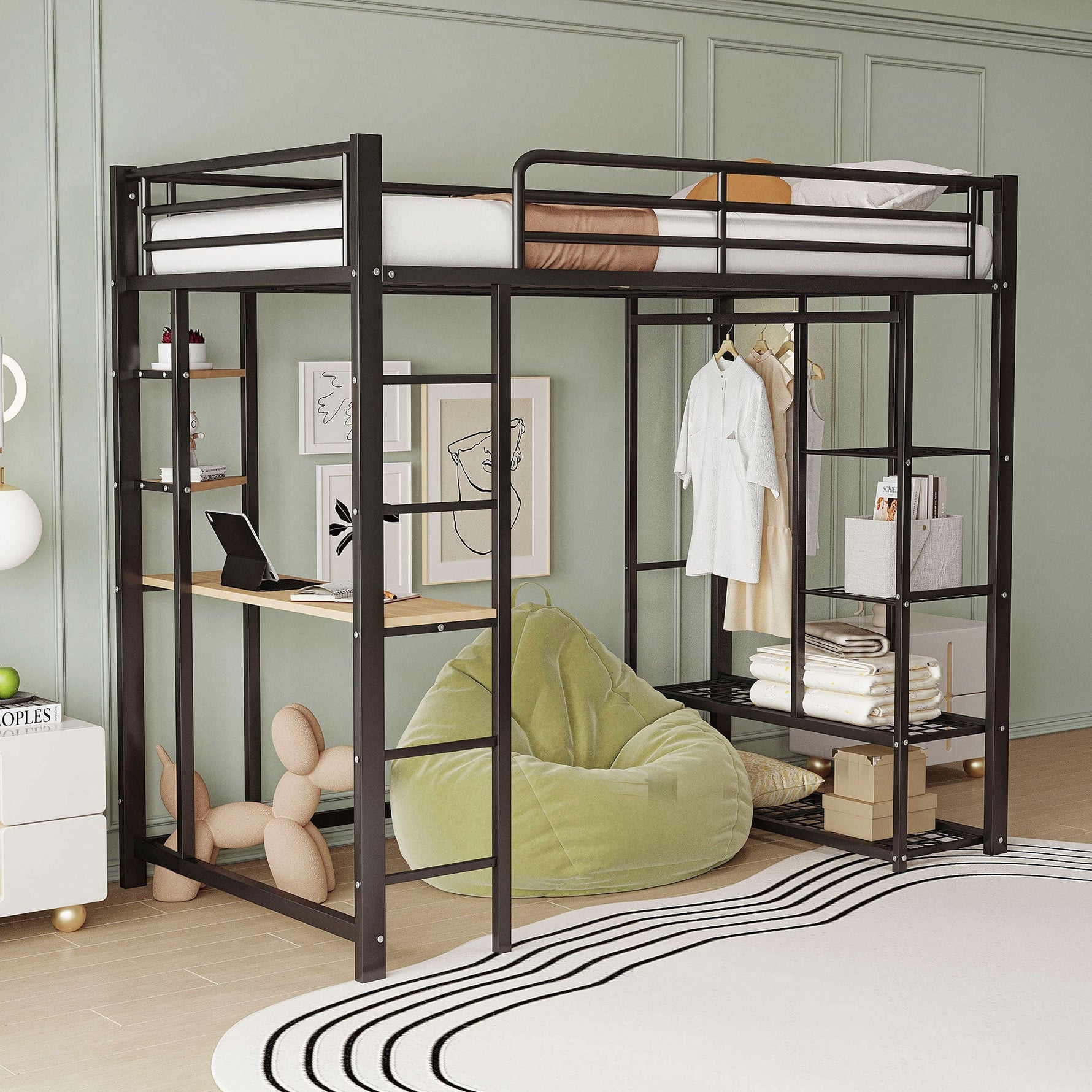 Loft Bed 90x200cm Single/Children's Bed with Ladder, Table, Storage, Black