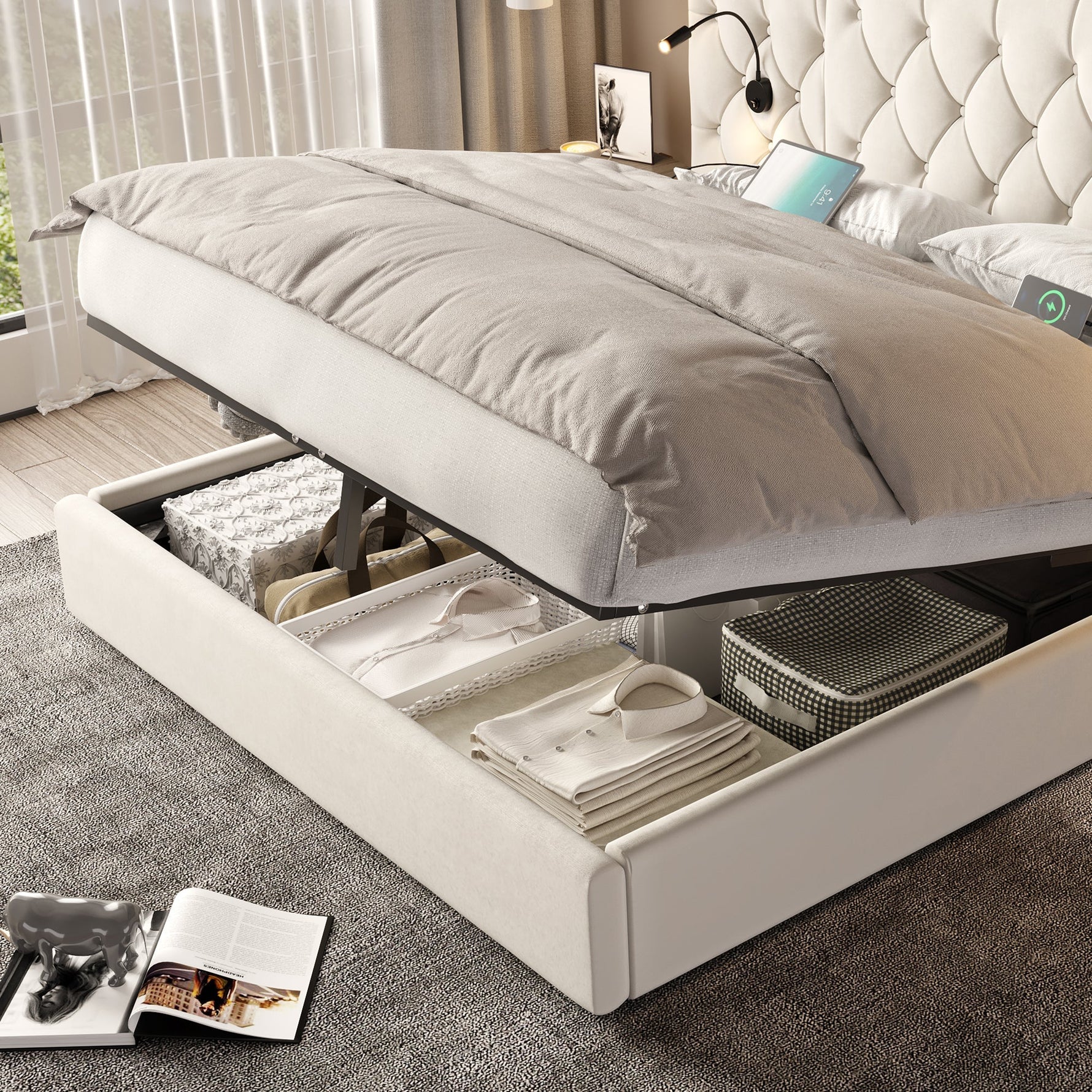 Bed Frame 160x200cm Hydraulic Storage Long Headboard USB Desk Lamp - Velvet Beige