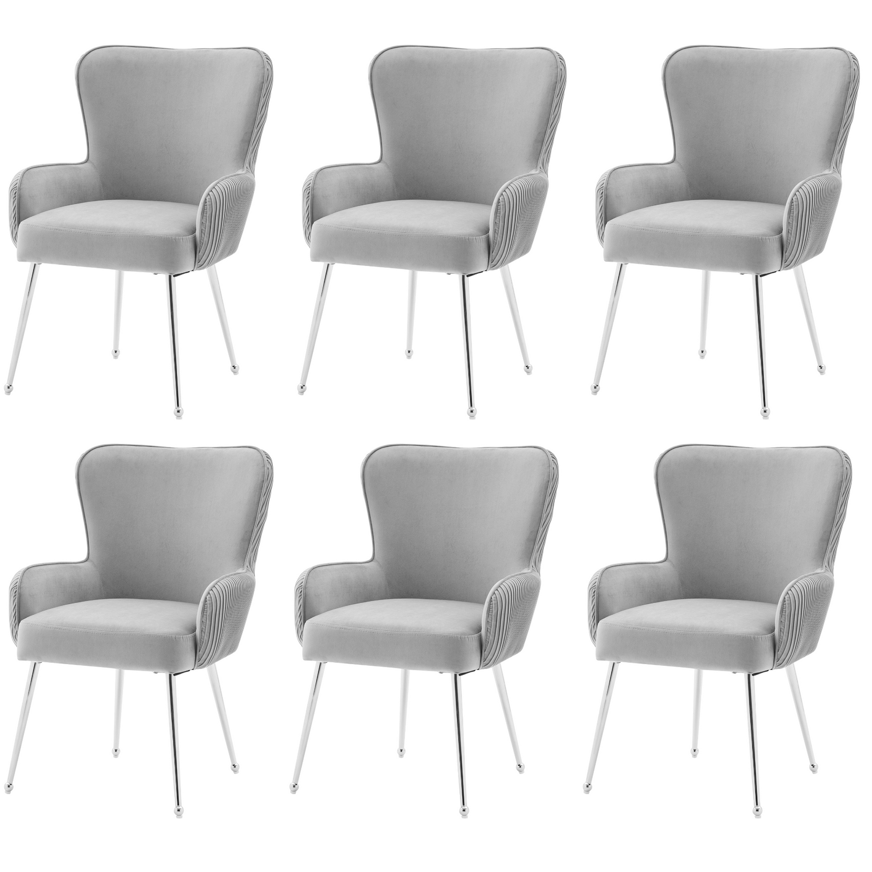 Velvet Dining/Lounge Chair Set of 6 Armrests Lumbar Support Adjustable Feet - Grey