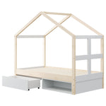 Wooden Bed with Drawers, Shoe Cabinet and LED Lighting, 90x190cm, Wood Color