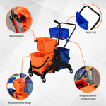Cleaning Trolley Professional Jaw Press 2 Buckets Storage, Orange Blue