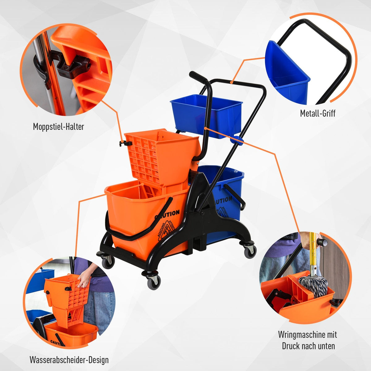Cleaning Trolley Professional Jaw Press 2 Buckets Storage, Orange Blue