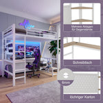 Loft Bed with Desk, USB Sockets, LED Strip and Pegboard, White Metal Frame