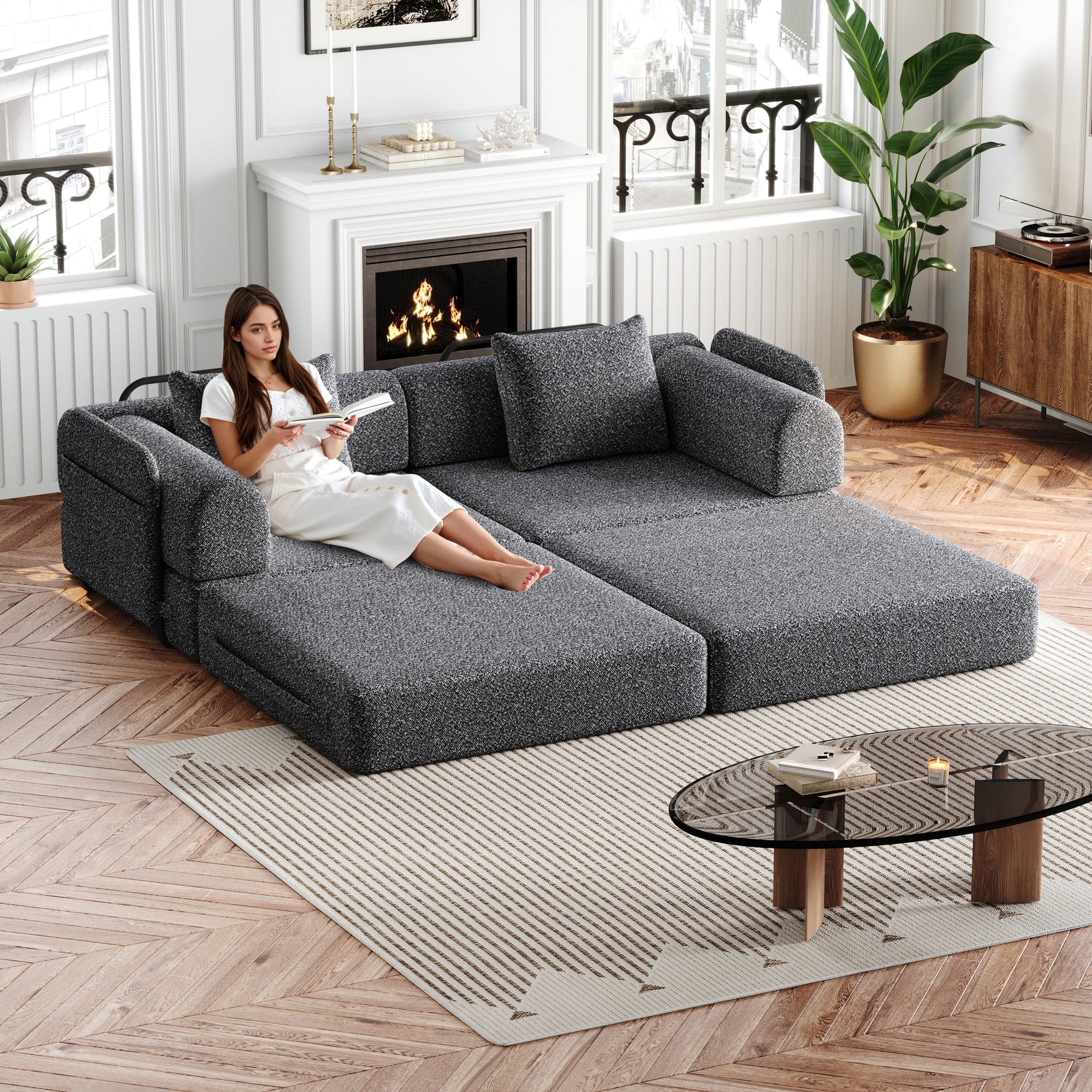 Chenille 2-in-1 Sleeper Sofa with Armrest Storage and Metal Frame, Multiple Configurations, Gray Chenille