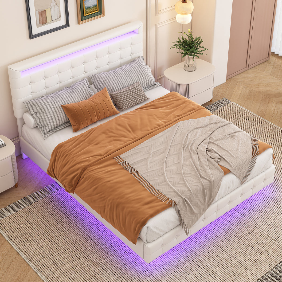 Flatbed Bed 140x200cm with LED & Adjustable Headboard, White PU