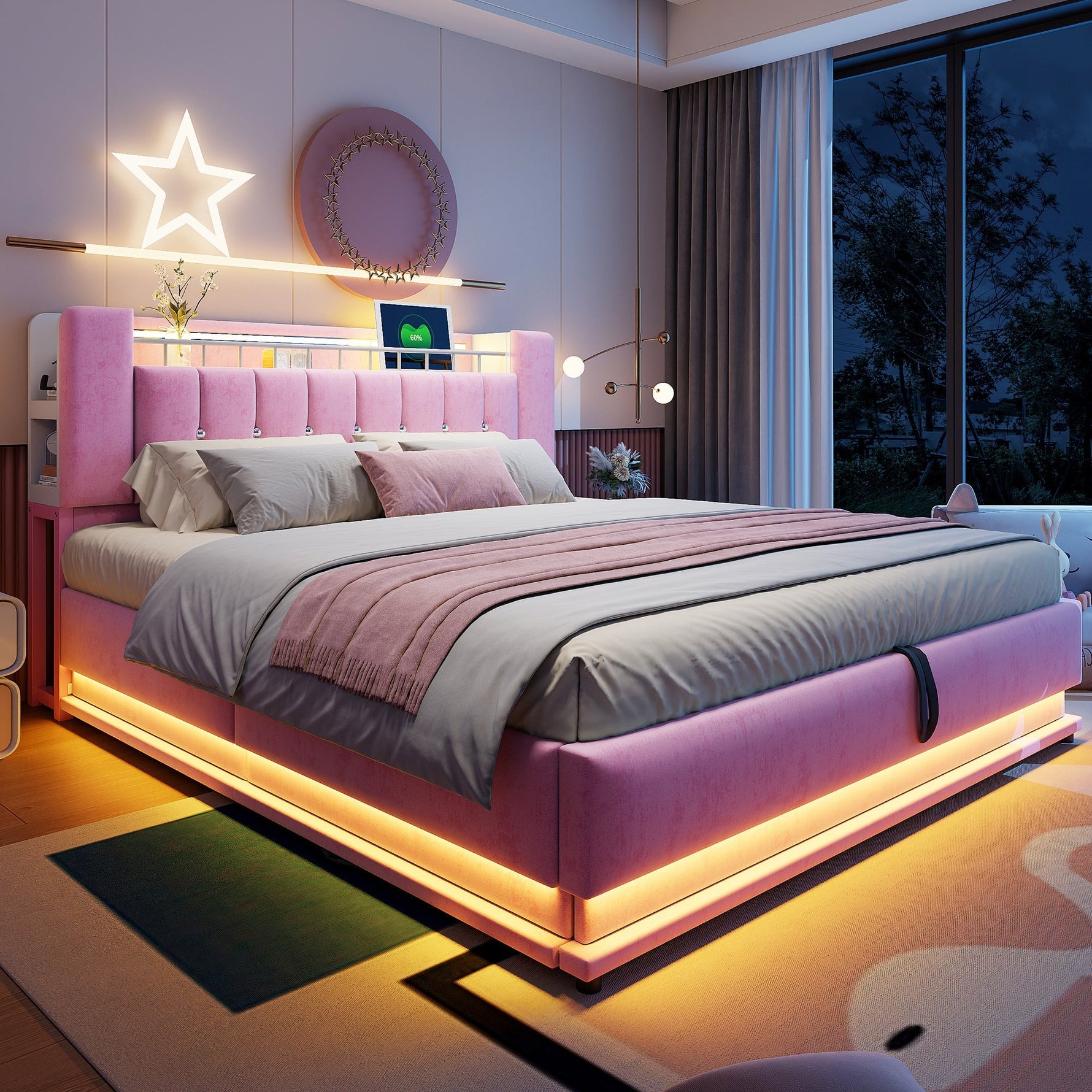 Smart Upholstered Bed with LED Lighting, USB and Hydraulic Storage, 180 x 200 cm, Pink Velvet
