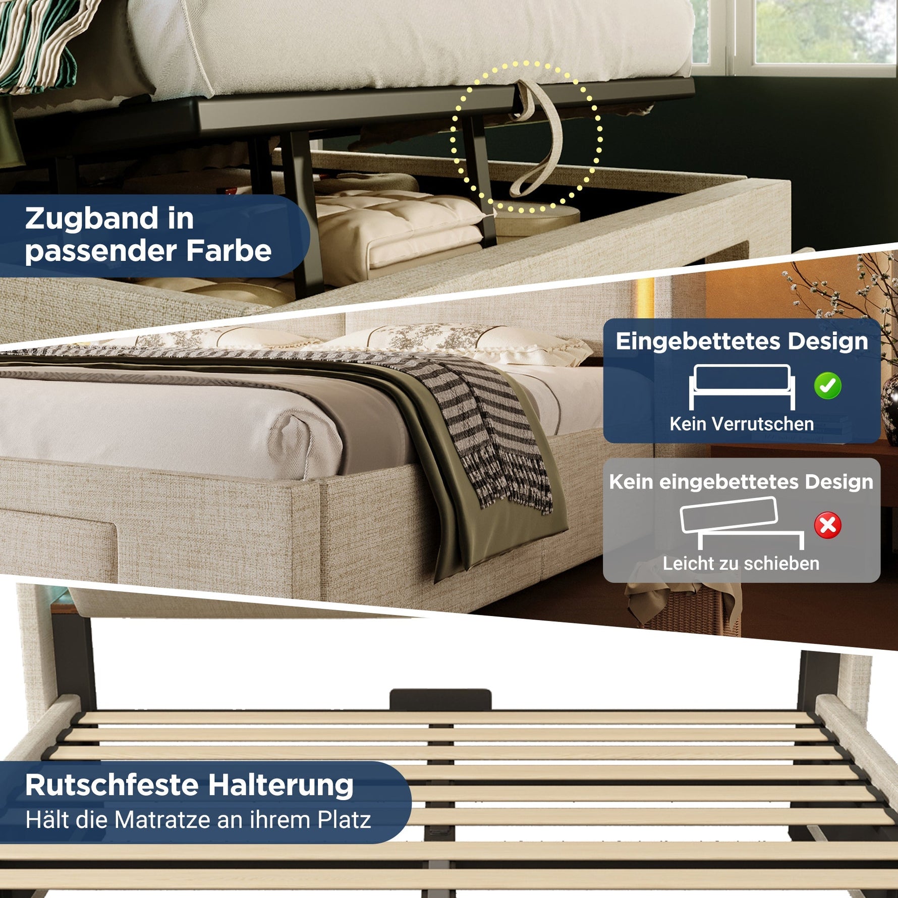 Upholstered Bed 180x200cm Hydraulic Storage LED USB/USB-C Headboard with Compartment Beige Linen