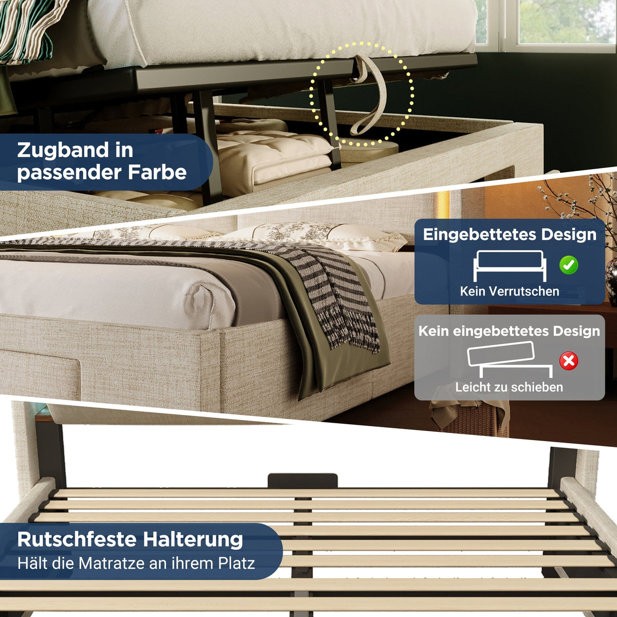 Upholstered Bed 140x200cm Hydraulic Storage Headboard Storage LED USB/USB-C Ports - Beige Linen (With Mattress)