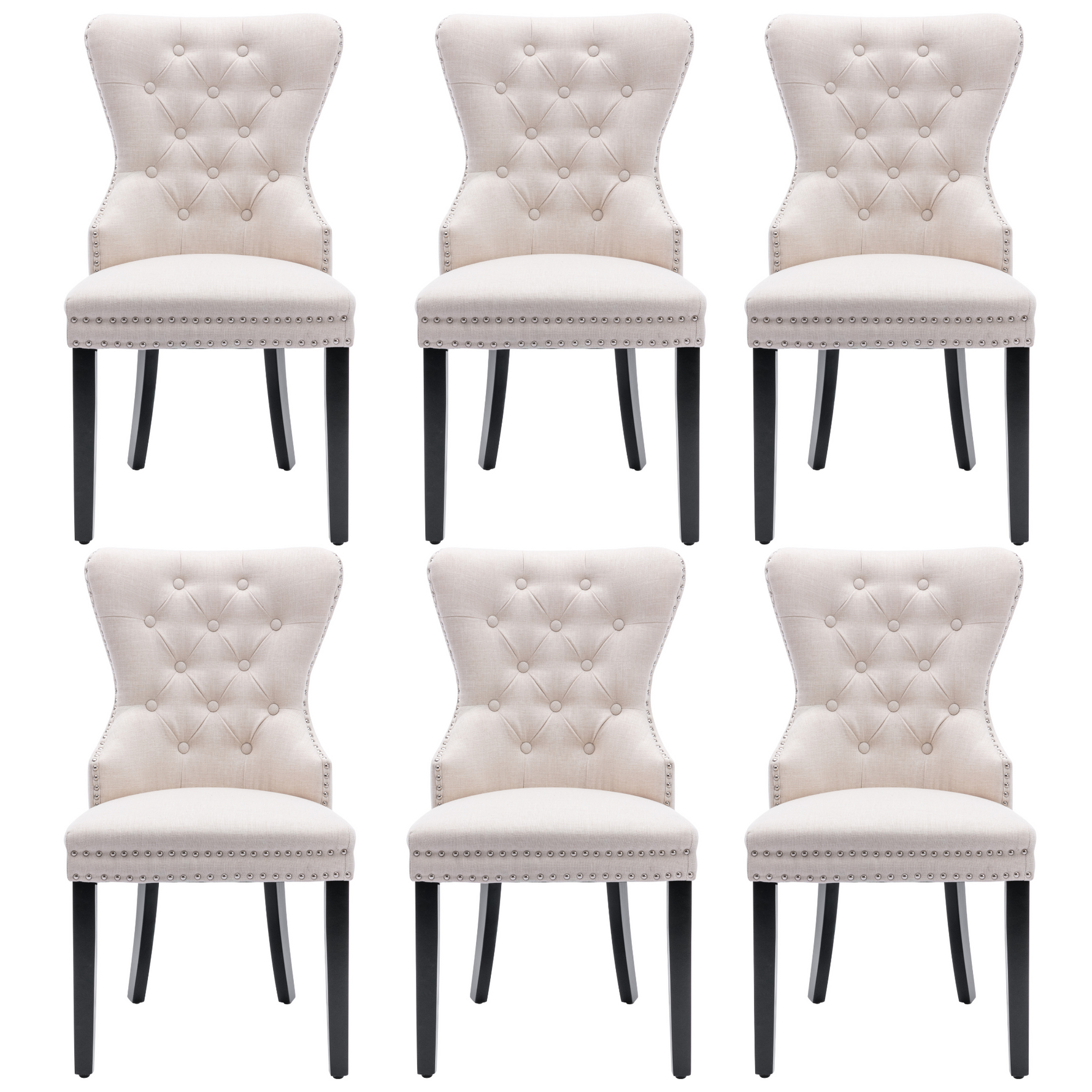 Linen Dining Chair with Oak Legs, Chrome Knocker and Nailhead Trim, Beige (6 Pieces)