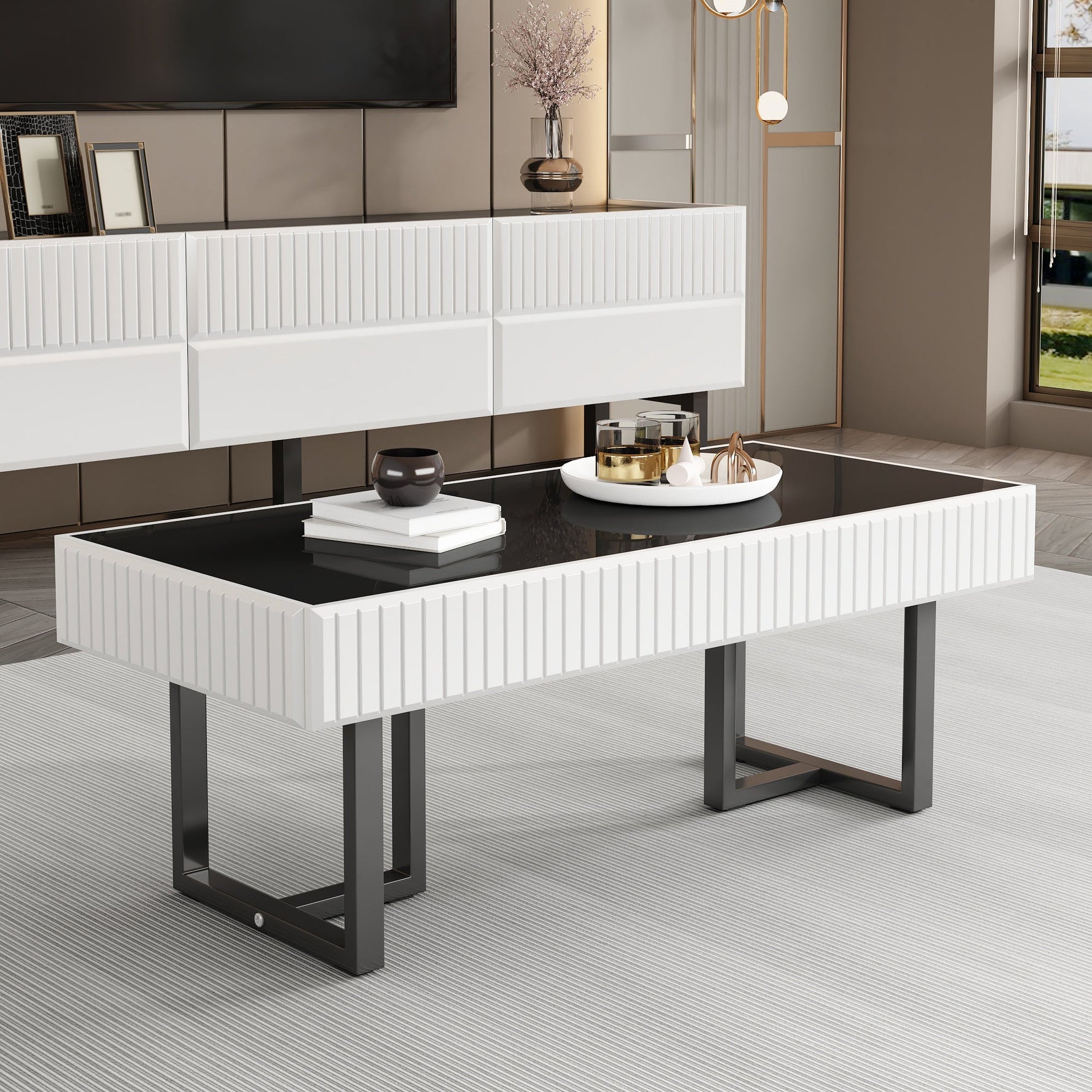 Coffee Table and TV Cabinet Set Modern Minimalist Storage Furniture - Black and White Stripe
