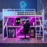 Loft Bed 90x200cm with Desk, LED & Stairs, White Iron Frame