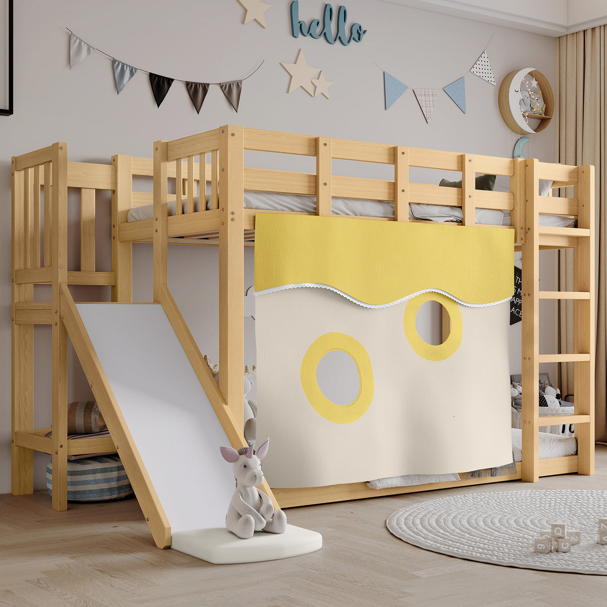 Children's Bunk Bed 90x200cm with Slide & Stairs, Natural Pine