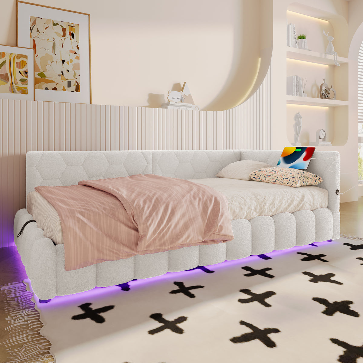 Daybed 90x200cm LED Hydraulic Storage USB White Imitation Fleece