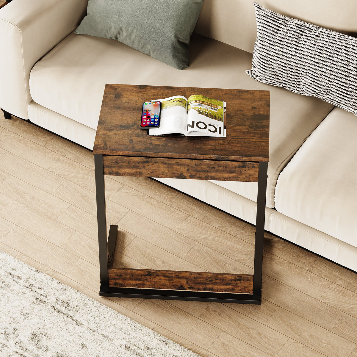 Set of 2 Foldable C-Shaped Side Tables with Metal Frame, Brown