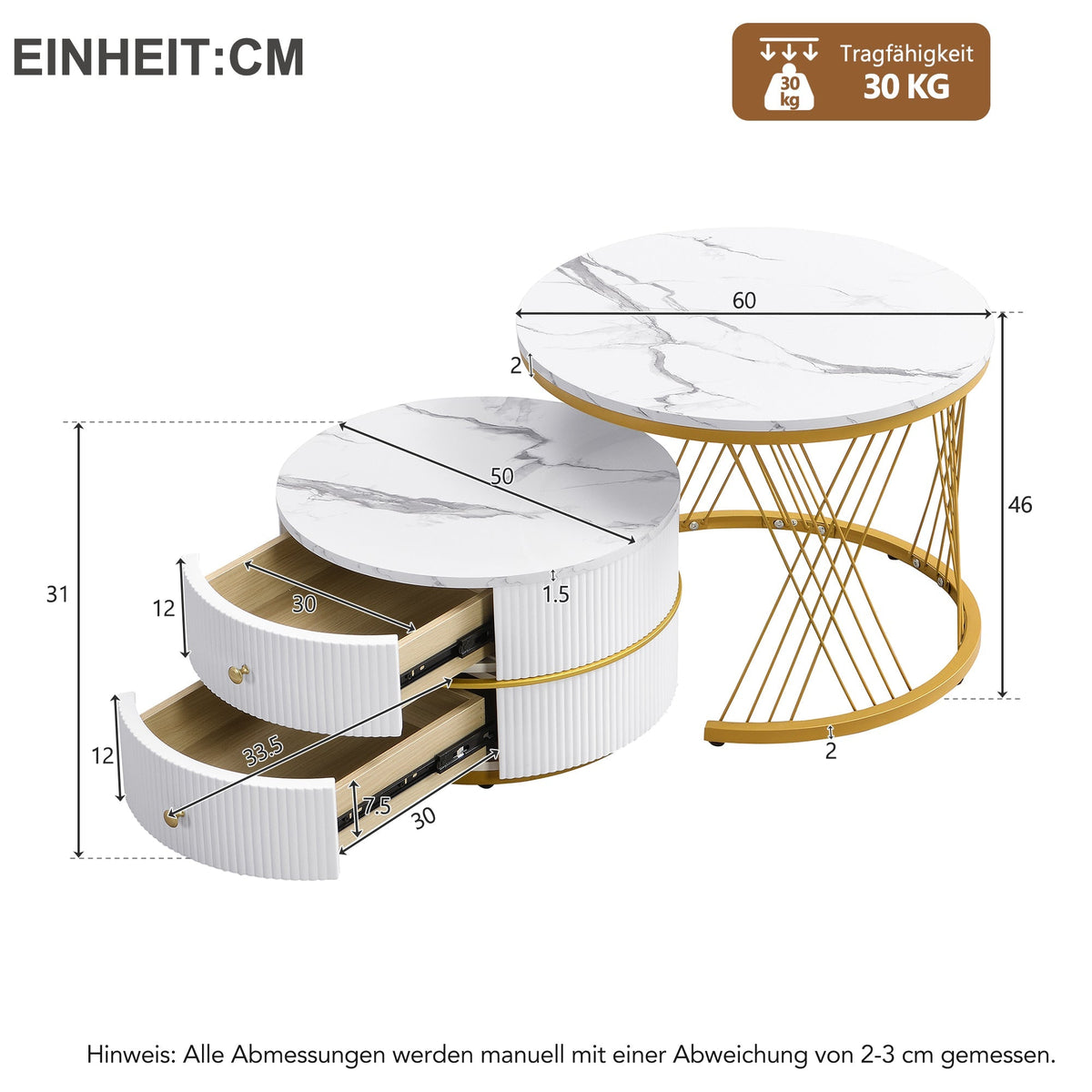 Coffee Table Set Nesting 2-Piece Round Marble Look, 2 Drawers, White