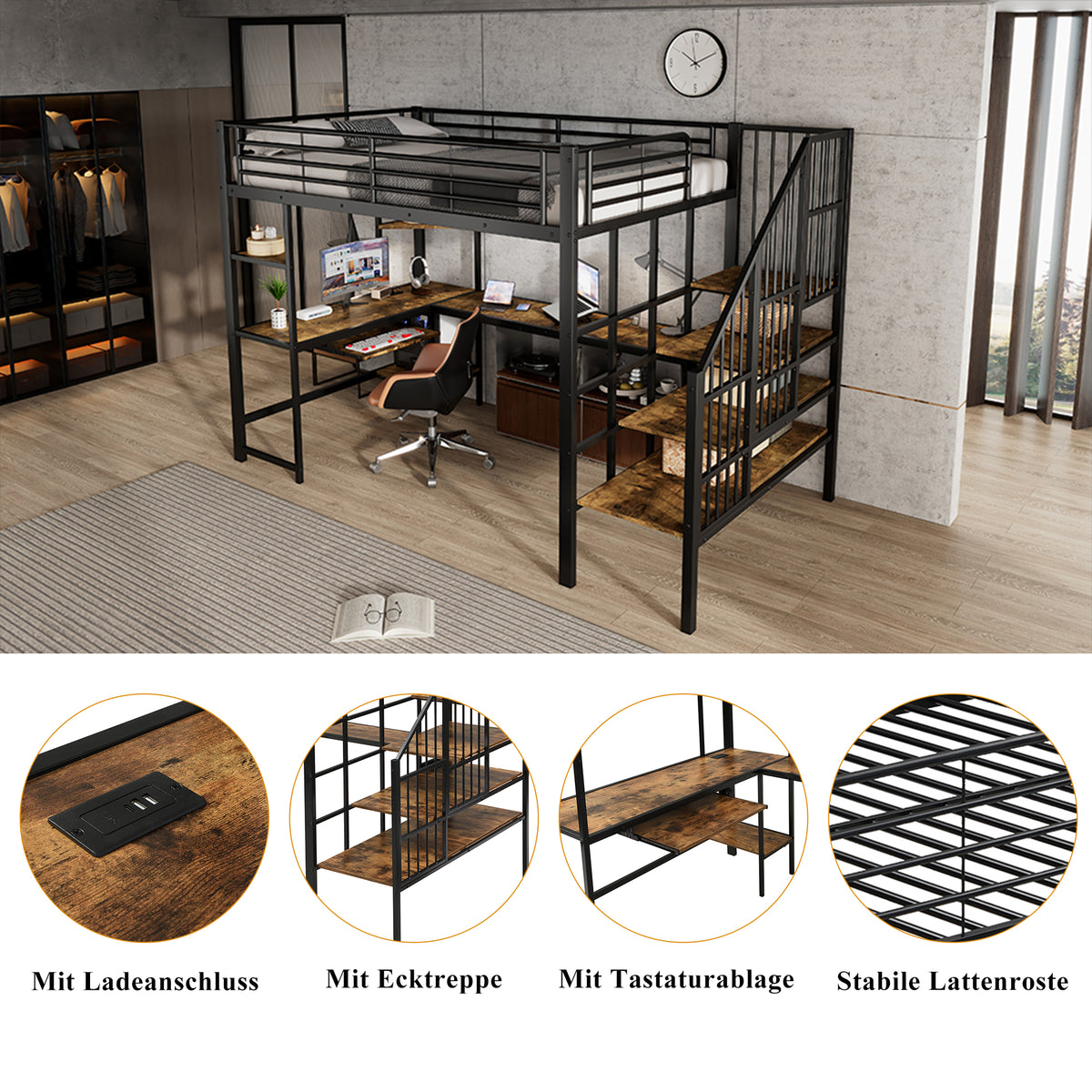 Iron Loft Bed with Desk & Storage, 120x200cm, Black Iron + MDF