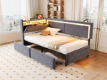 Upholstered Sofa Bed 90x200cm with LED & USB Headboard Storage Drawer Dark Grey Velvet