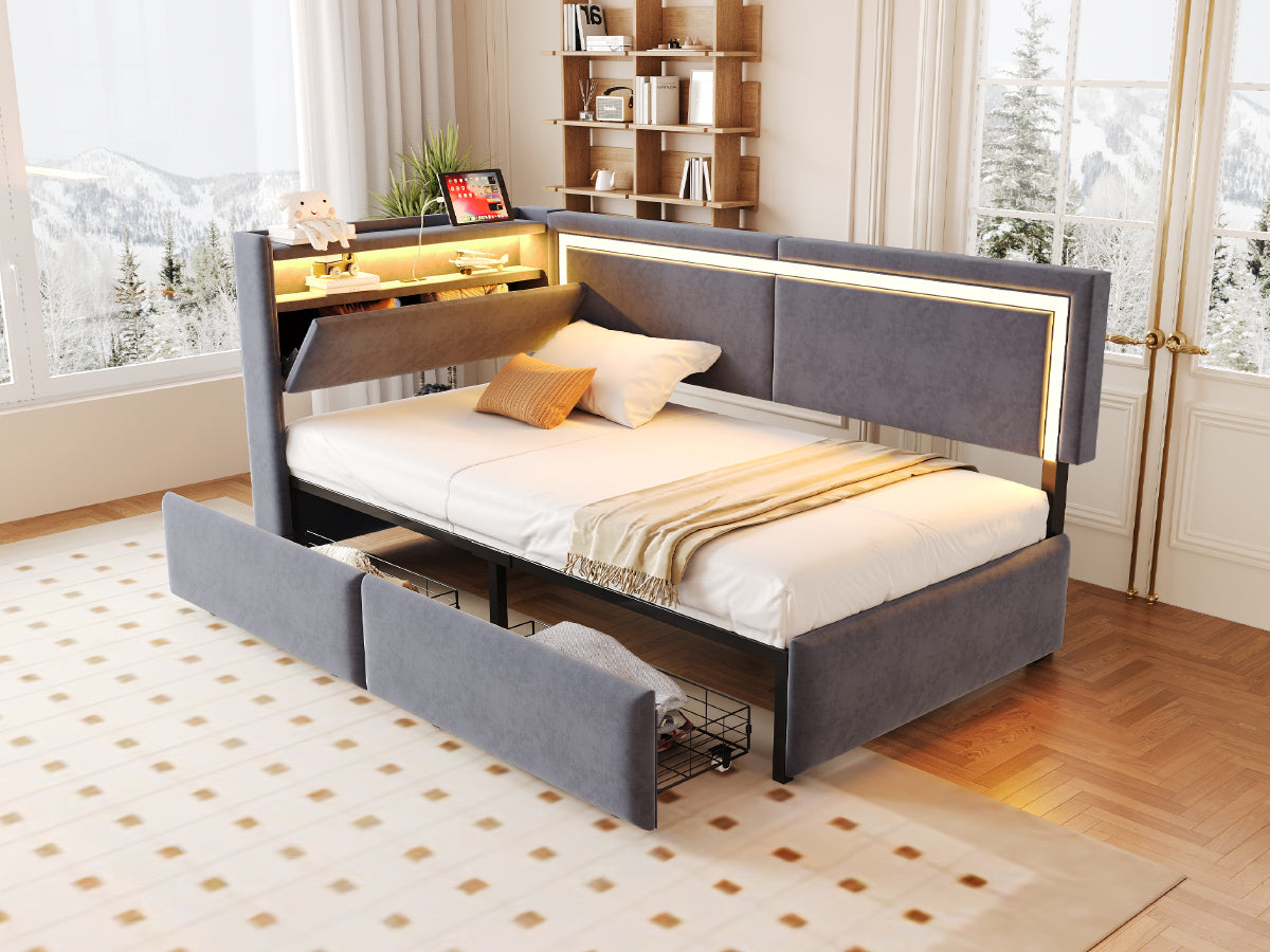 Upholstered Sofa Bed 90x200cm with LED & USB Headboard Storage Drawer Dark Grey Velvet