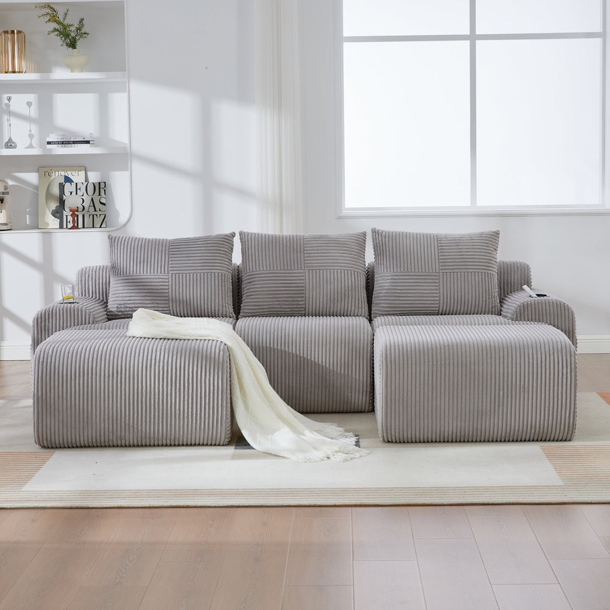 Modular Corduroy Sofa 3-Seater 2 Ottomans Cup Holders Storage Light Grey