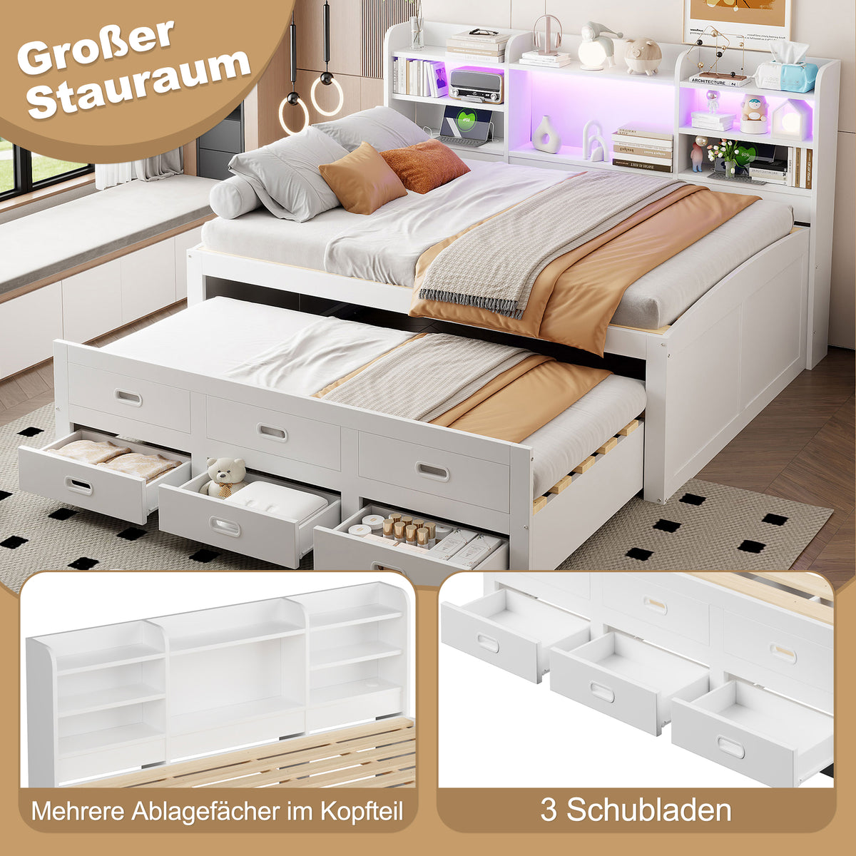 Sofa Bed 140x200cm with LED Lights & 3 Drawers, White