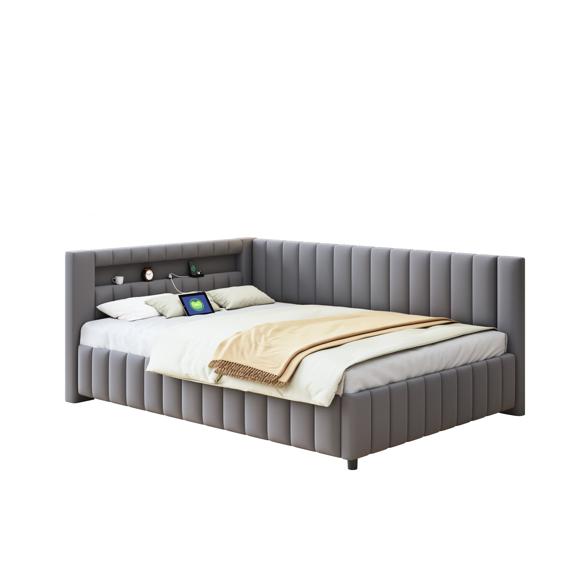 Upholstered Bed/Sofa Bed 140x200 LED Light USB Port Velvet Fabric, Grey