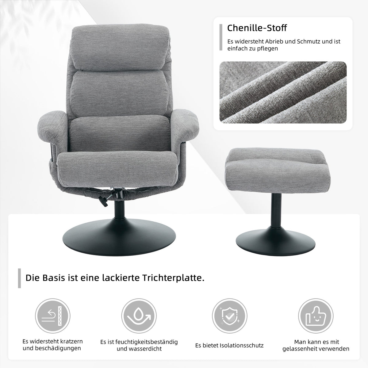 023 Recliner Chair, 5-Point Massage, Heated, 360° Swivel, Chenille Fabric Grey