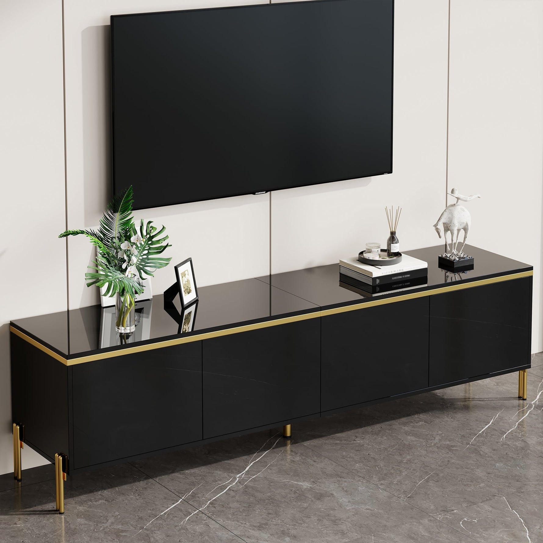 TV Stand Modern High-Gloss Storage 4 Doors Gold Trim