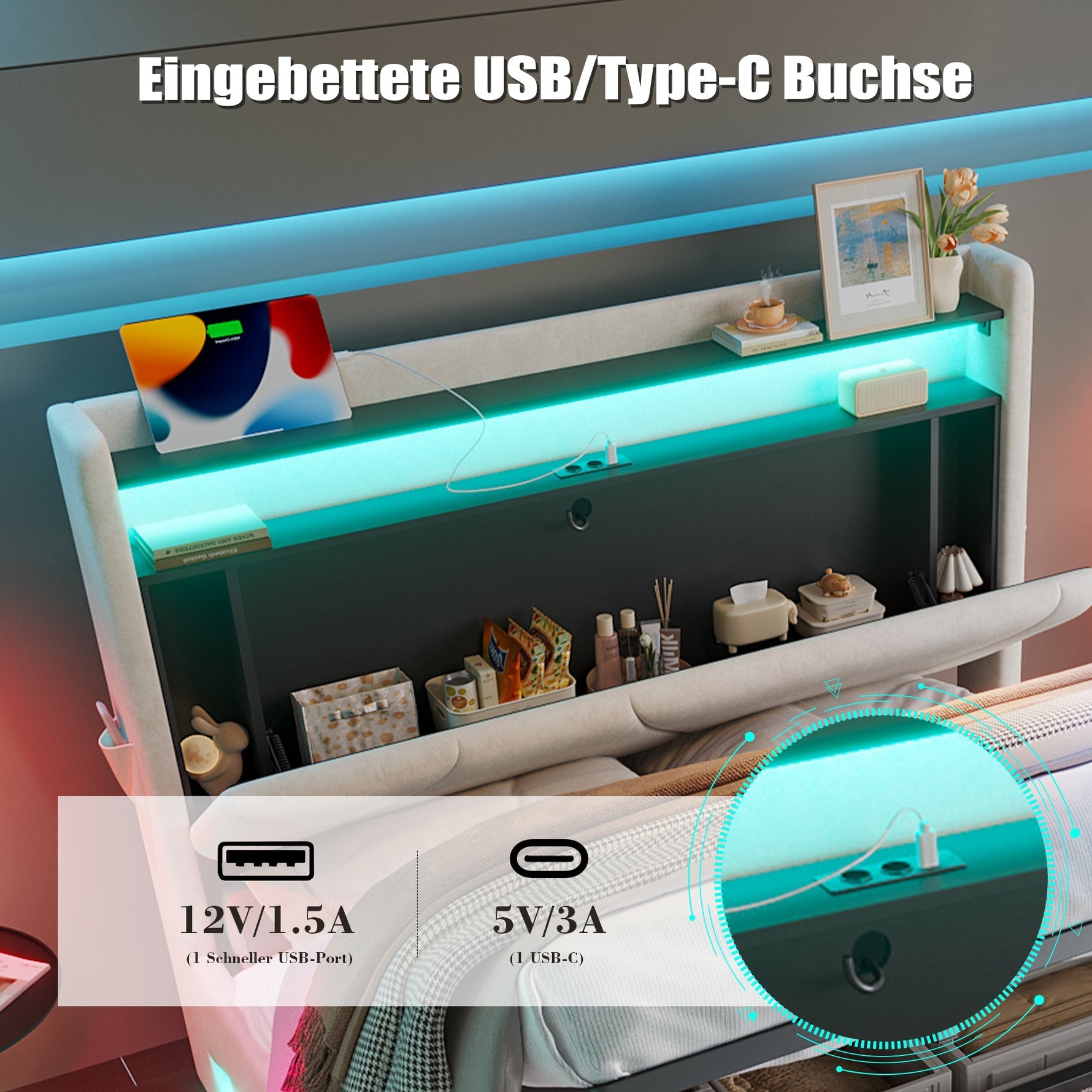 Upholstered Bed 160x200cm LED Headboard Storage USB Gas Lift
