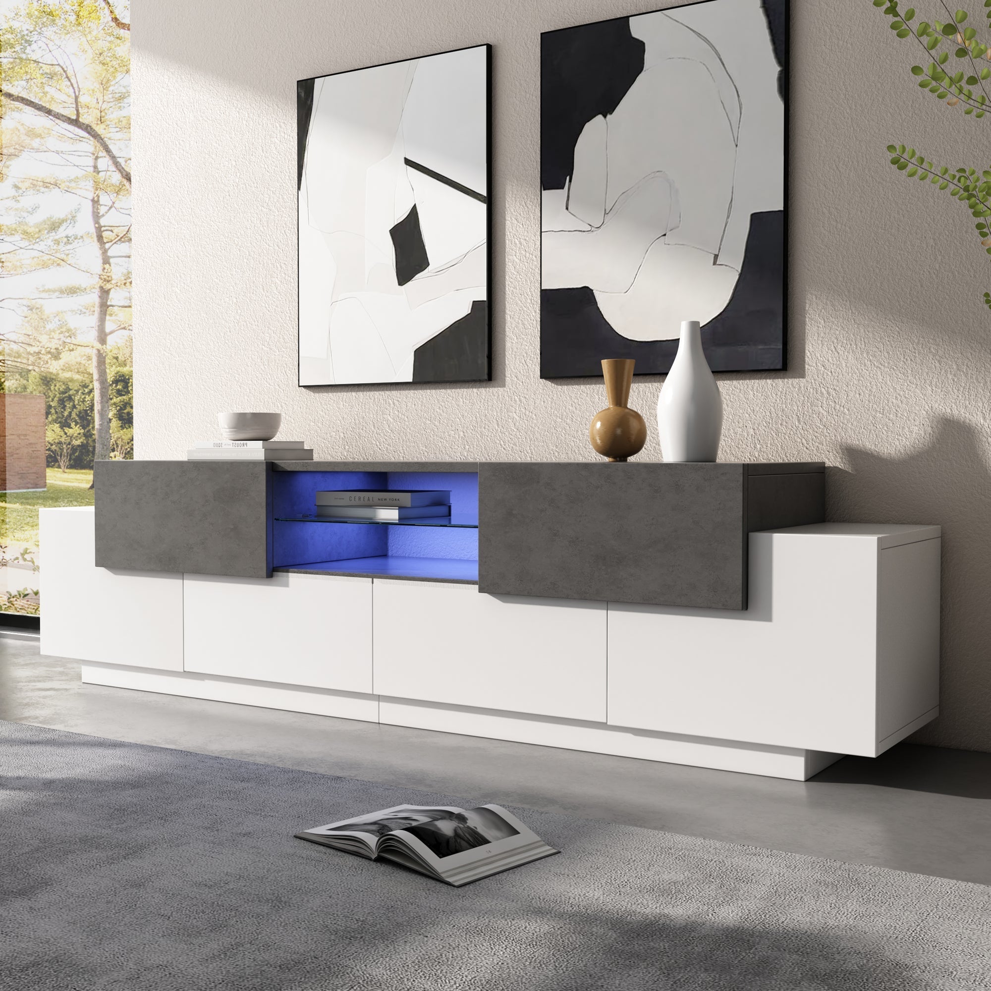LED TV Cabinet, Entertainment Center with Glass Shelves, White+Gray