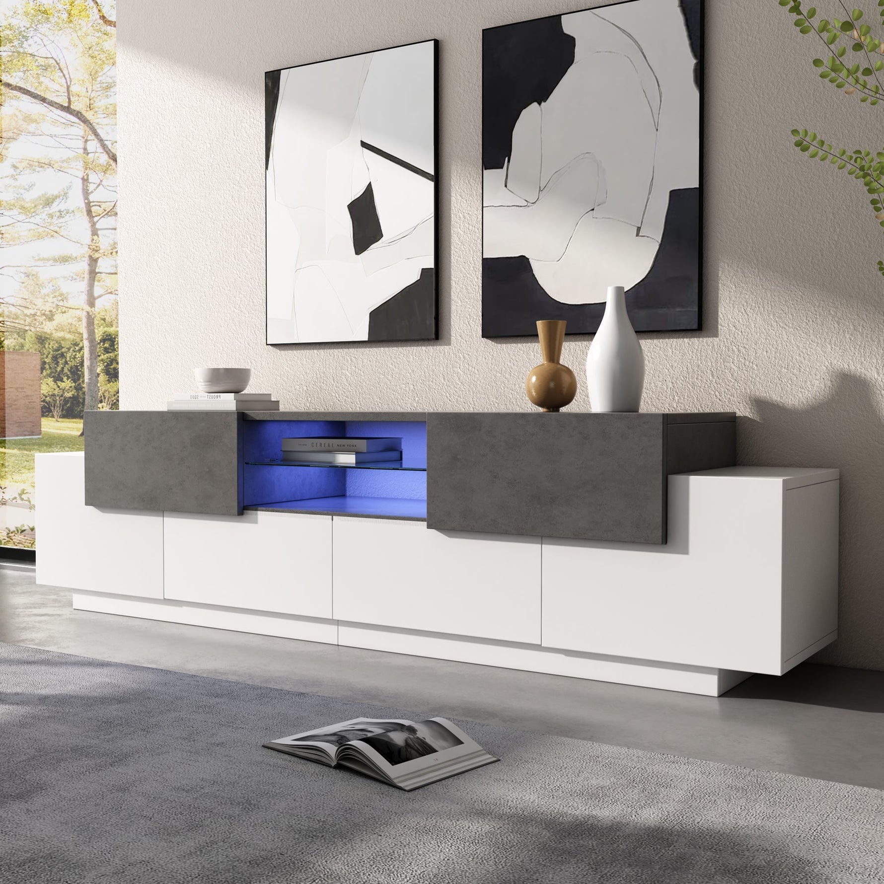 LED TV Cabinet, Entertainment Center with Glass Shelves, White+Gray
