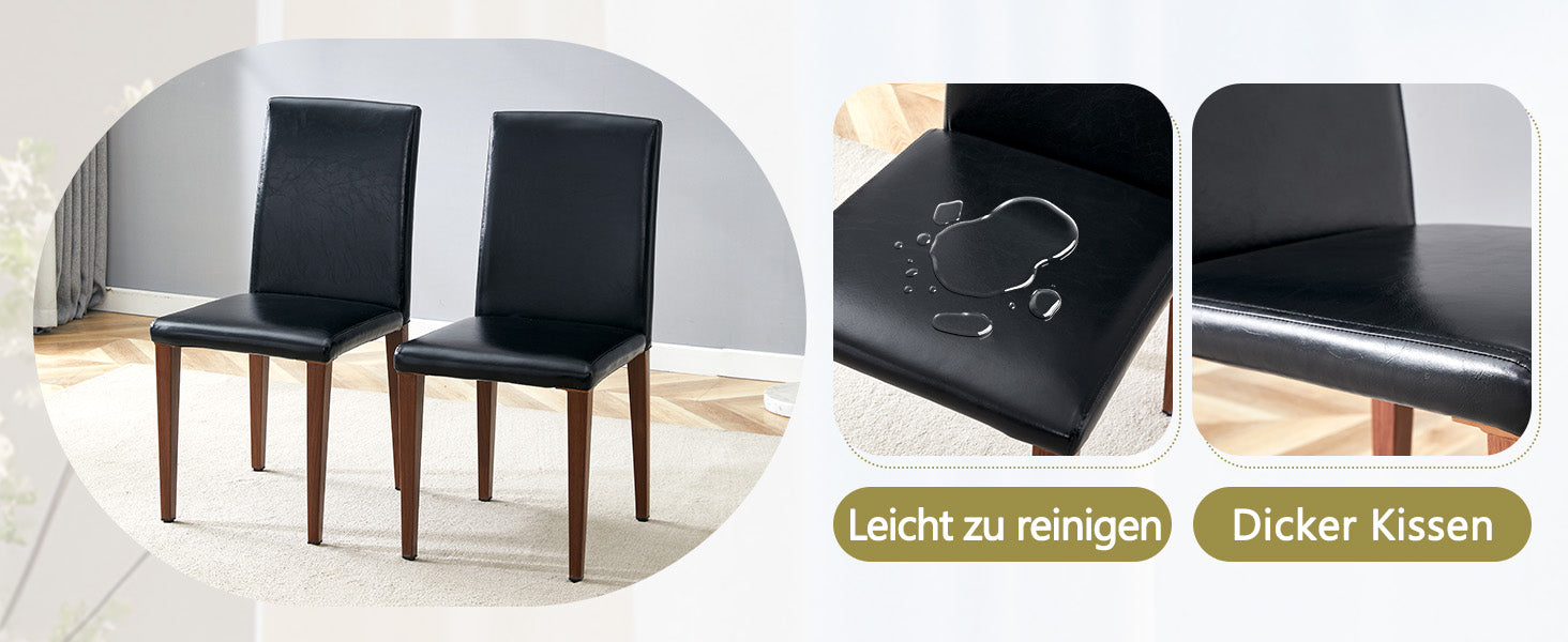 Minimalist Dining Chairs Set of 2, Ergonomic PU Leather with Metal Legs, Black and Walnut Finish
