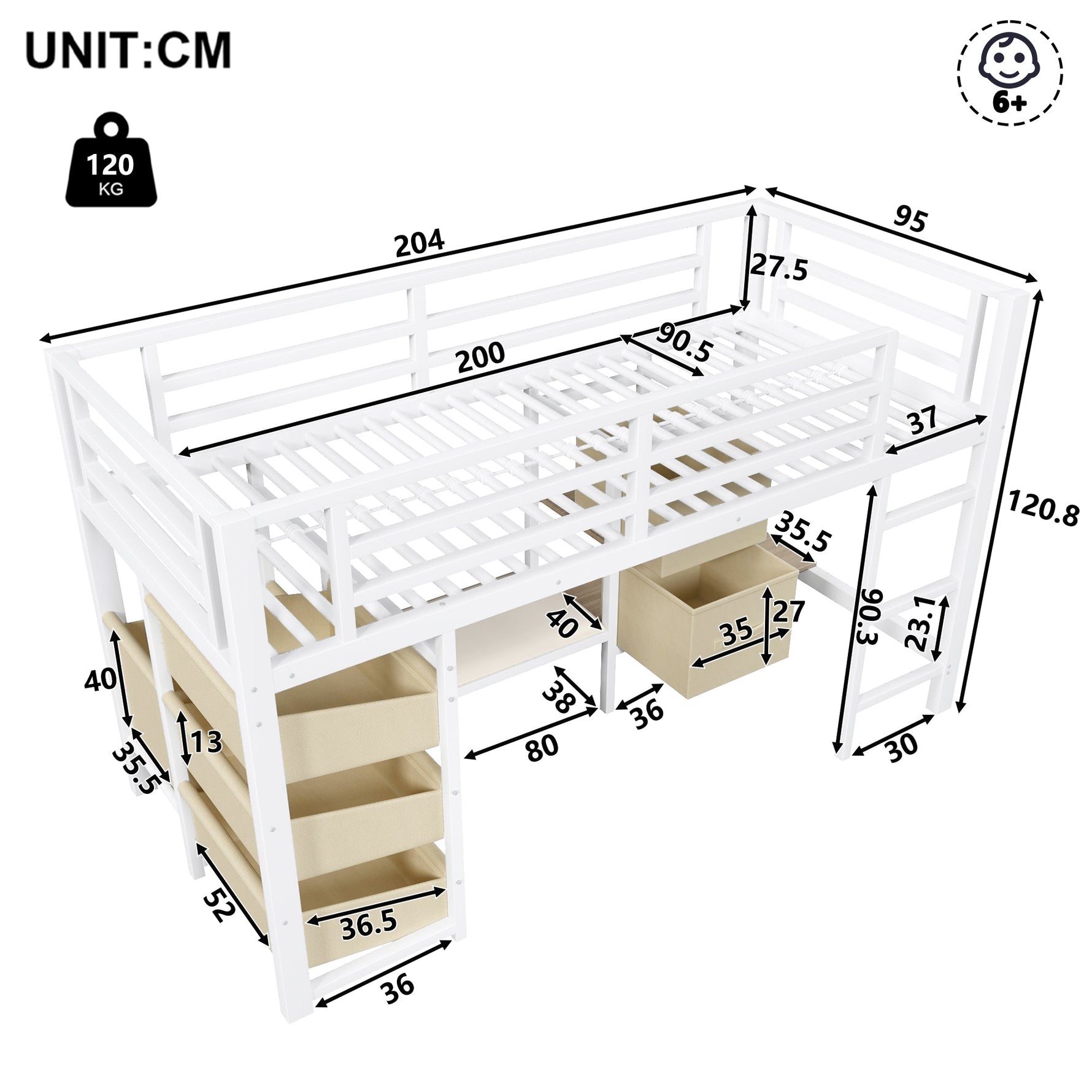 Mid-Height Bed with Storage Drawer and LED Lighting, 90x200 cm, Metal, White