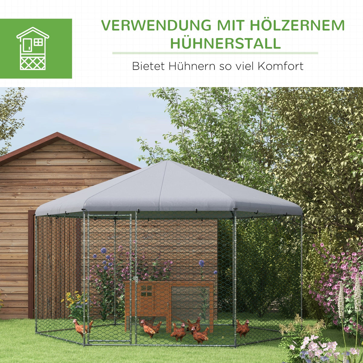 Chicken Coop Steel Run Cage with Cover & Door for 10-15 Animals, Grey