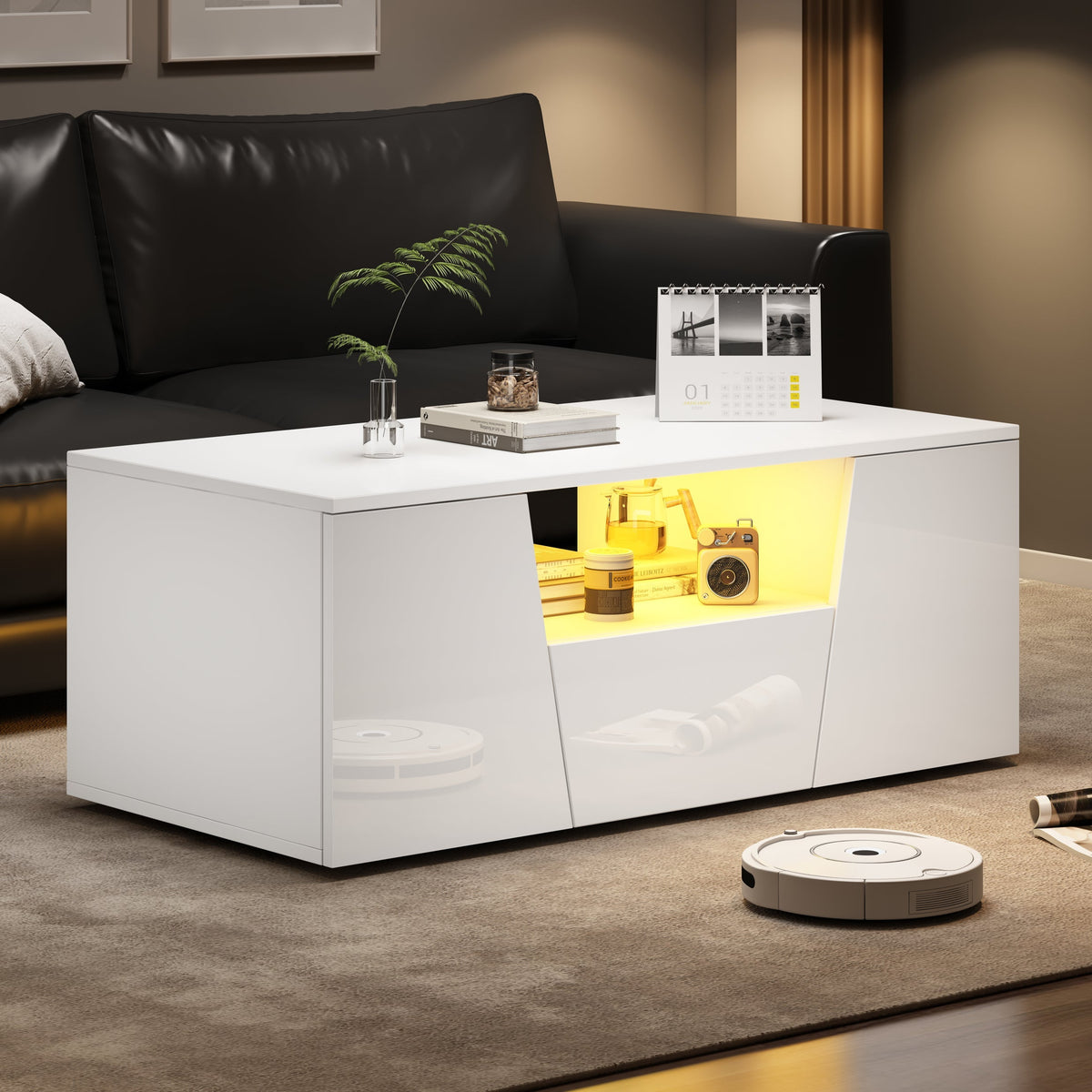 Coffee Table, Sofa Table with LED Light, 2 Cabinets, 1 Drawer, Irregular Design, White