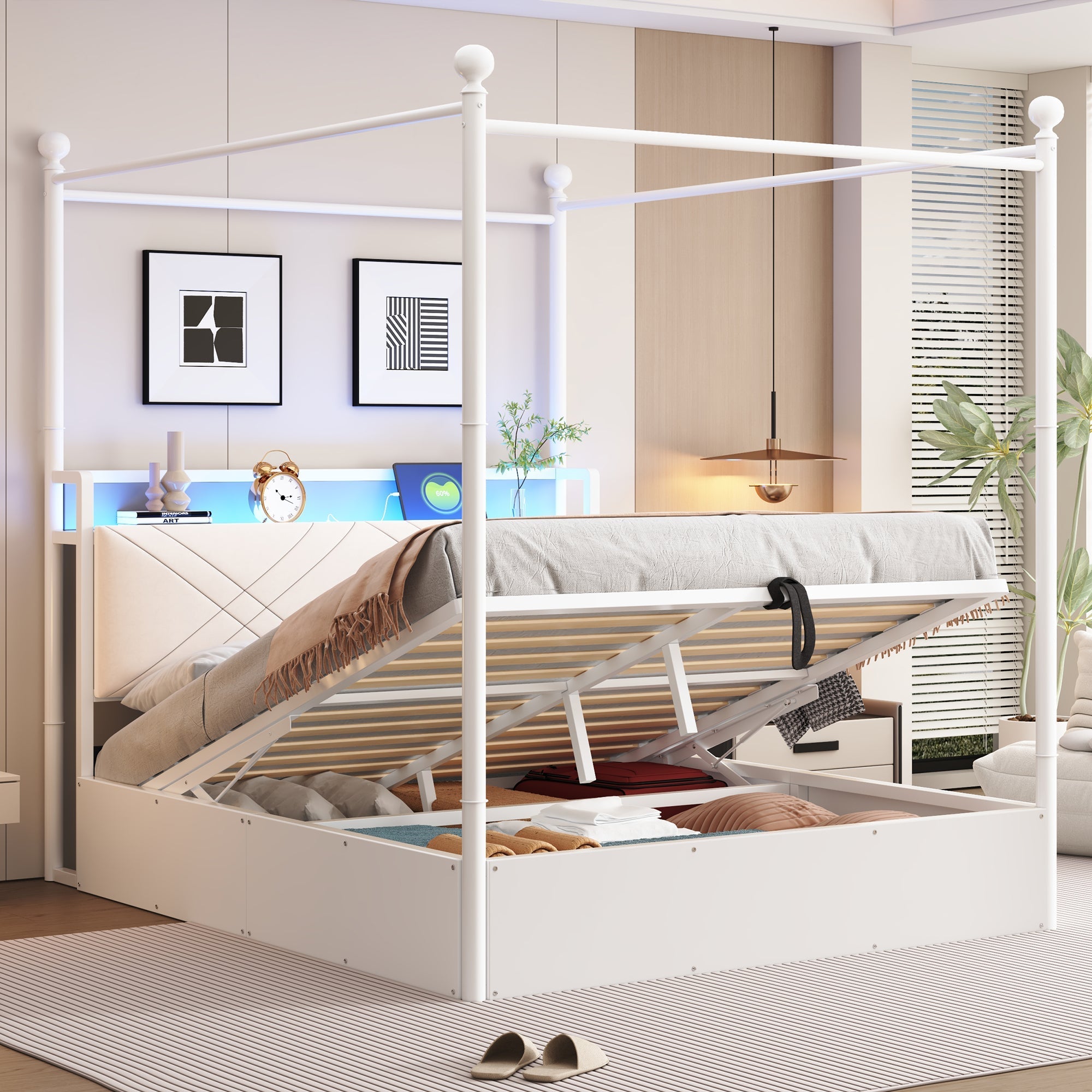 Multifunctional Double Bed with Hydraulic Storage, Canopy, LED and USB, 140x190cm, White Wrought Iron
