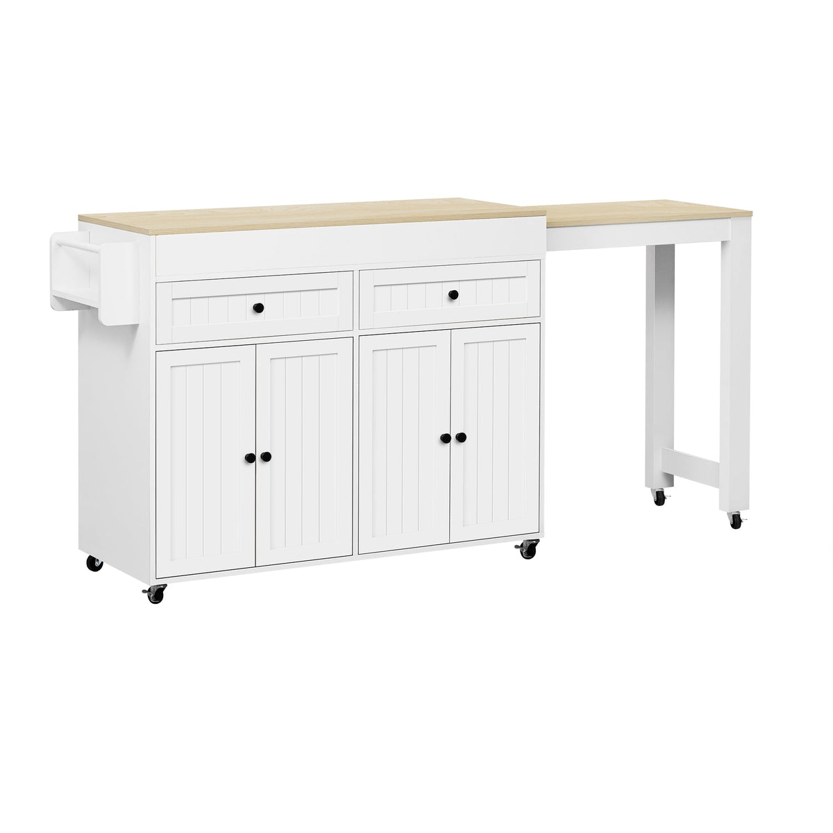 Kitchen Island, Extendable with Worktop & Drawers, Mobile, White+Natural