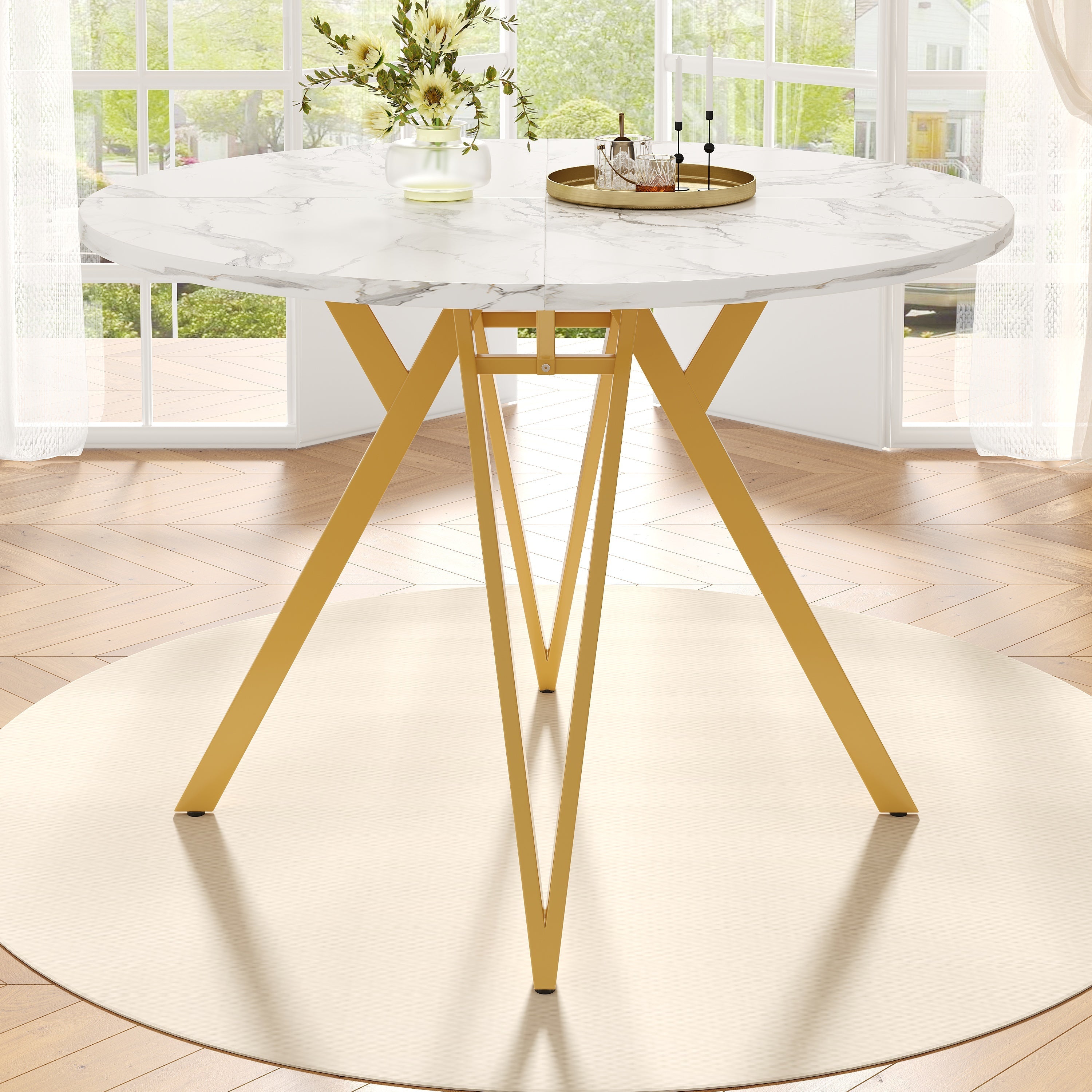 Round Dining Table 100cm 4-Seater Metal Legs MDF Marble Top - Gold