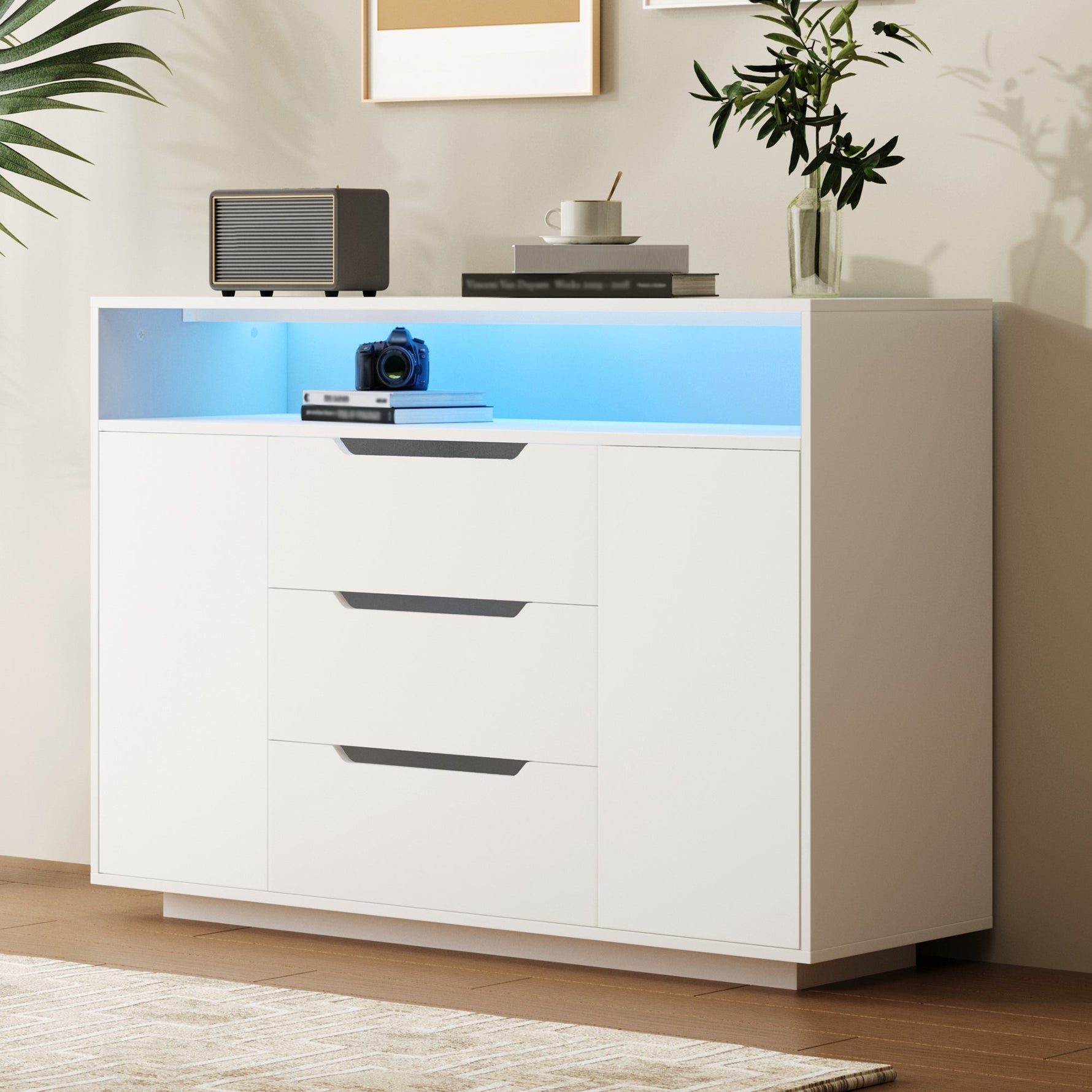 Multi-functional Cabinet with Open Shelving, Three Drawers and Side Doors, Matte White