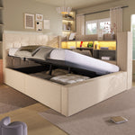 Upholstered Double Bed with LED Lighting, Hydraulic Storage and L-Shaped Headboard, Beige Linen Fabric