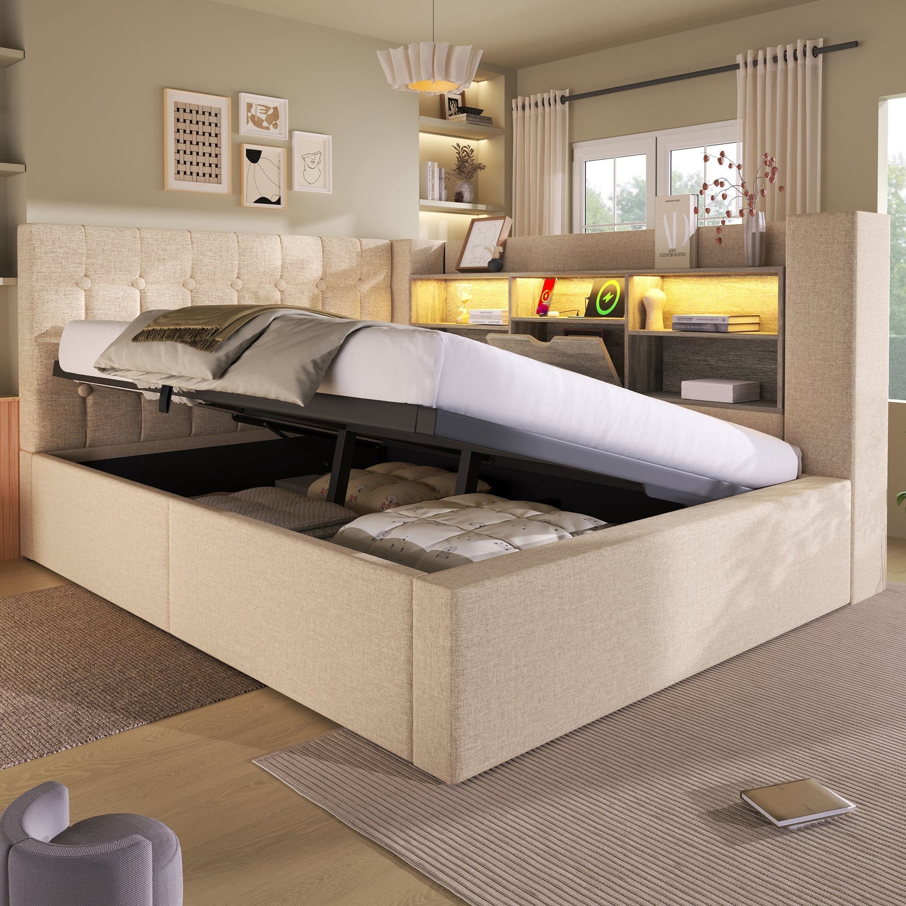 Upholstered Double Bed with LED Lighting, Hydraulic Storage and L-Shaped Headboard, Beige Linen Fabric