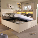 Upholstered Bed 140x200 with LED & Storage, Beige Linen