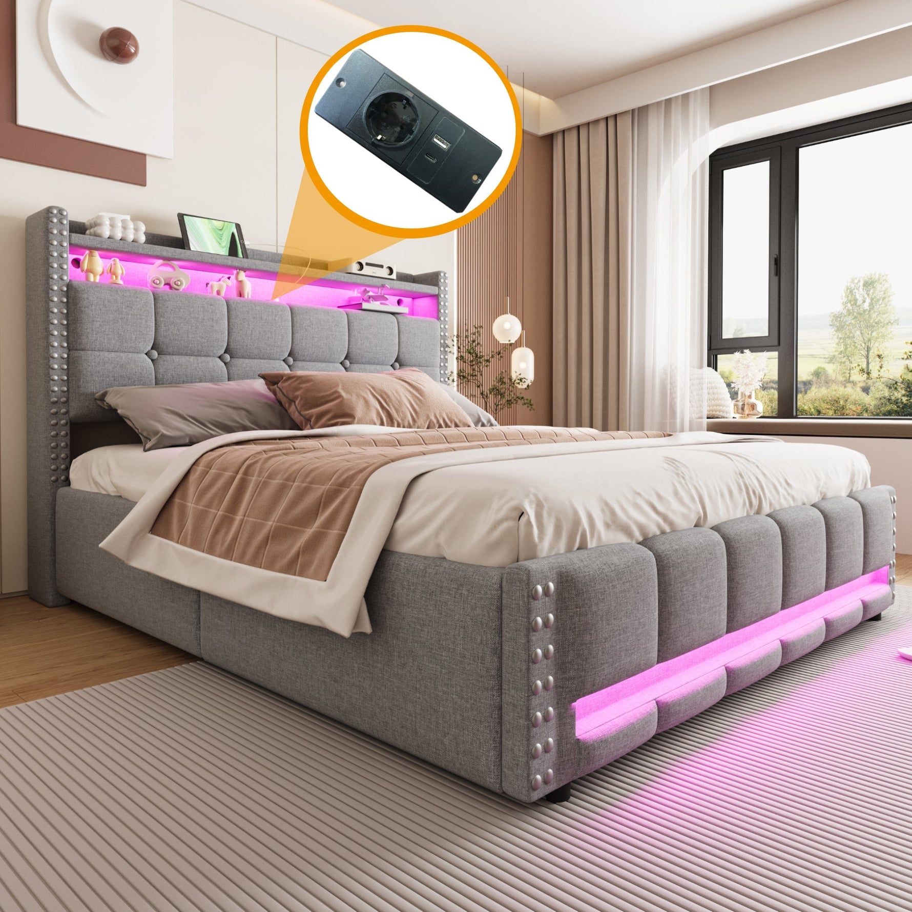 Upholstered Bed 160x200cm LED USB Hydraulic Storage Light Grey Linen Fabric