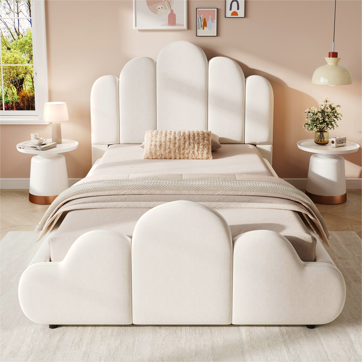 Upholstered Single Children's Bed 90x200cm - Beige Velvet