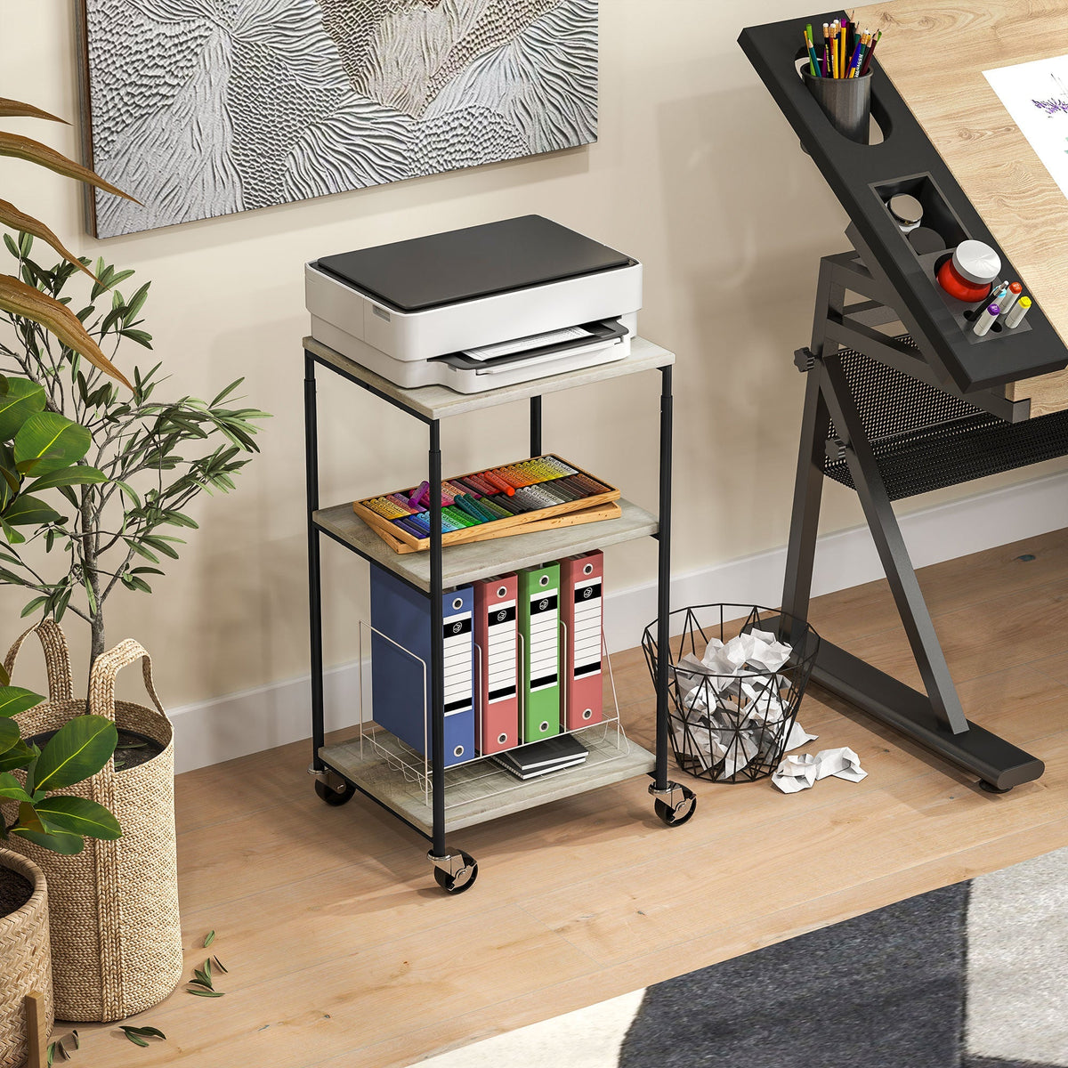 Printer Table, 3-Tier Stand with Casters, Steel