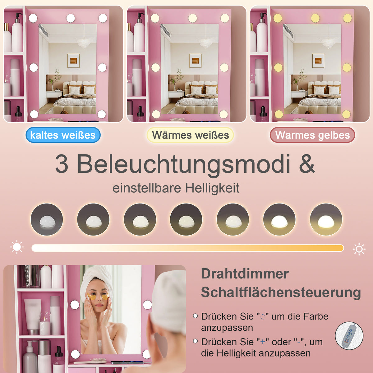 Small Vanity Set with LED Mirror, Storage & Stool, Pink