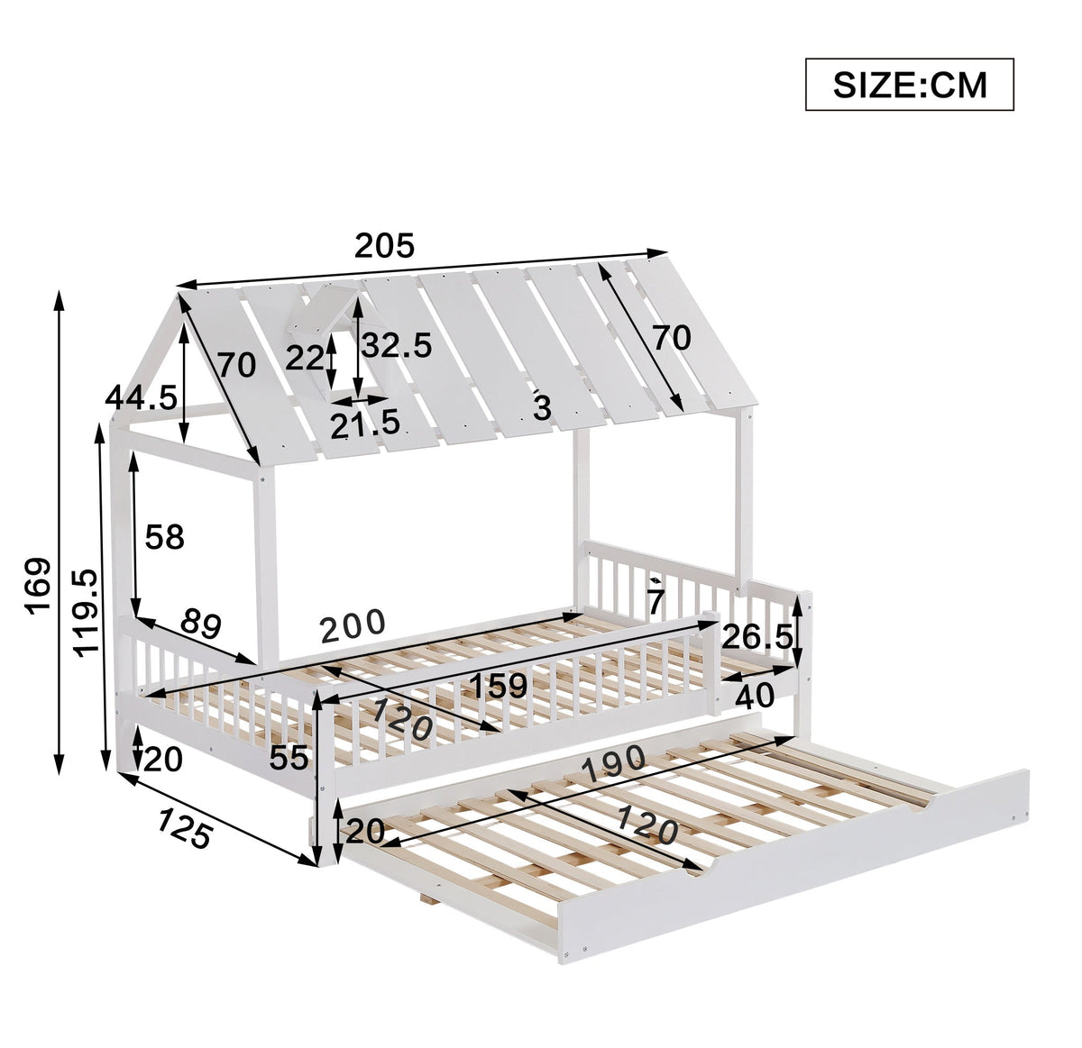 House Bed, Trundle Bed with Chimney, 3-Sided Rail, Pine+MDF, White