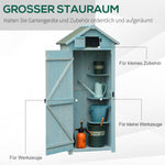 garden cabinet tool shed with shelves and windows, wood in light blue and green